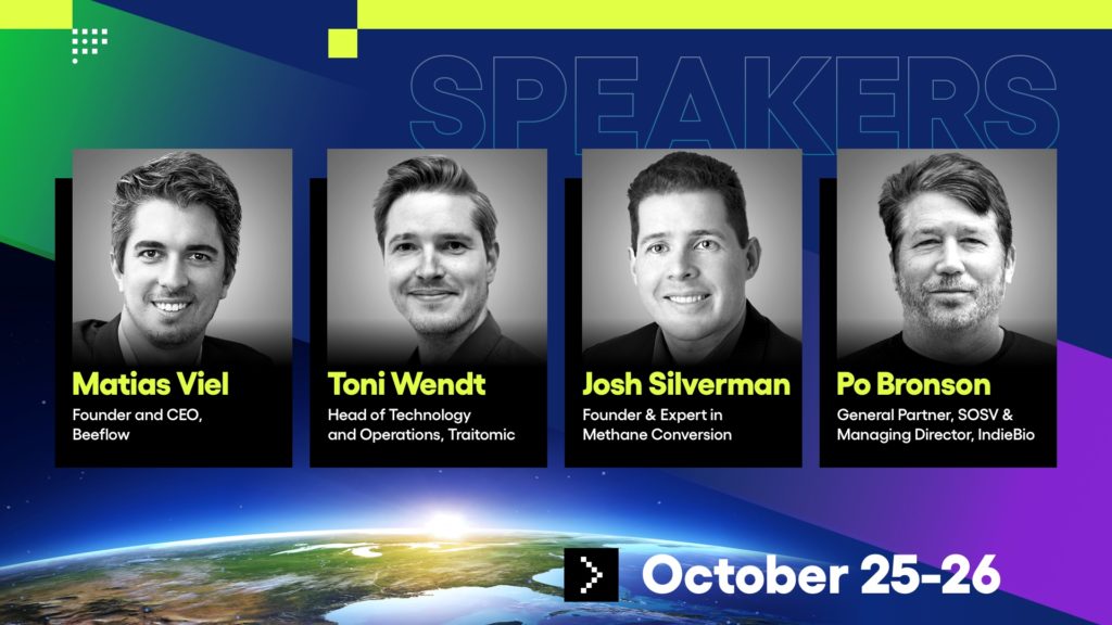 Graphic shows images of Po Bronson, Josh Silverman, Toni Wendt, and Matias Viel with SOSV Climate Summit logo